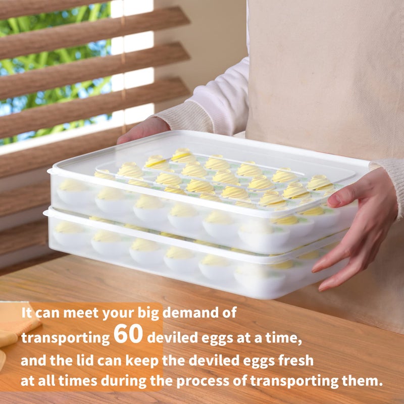 77L Deviled Egg Containers with Lid, (Set of 2), Plastic Deviled Egg Carrier Tray for 60 Eggs, Clear Storage Egg Holder for Refrigerator, Fridge Stackable Countertop Portable Egg Dispenser - Image 4